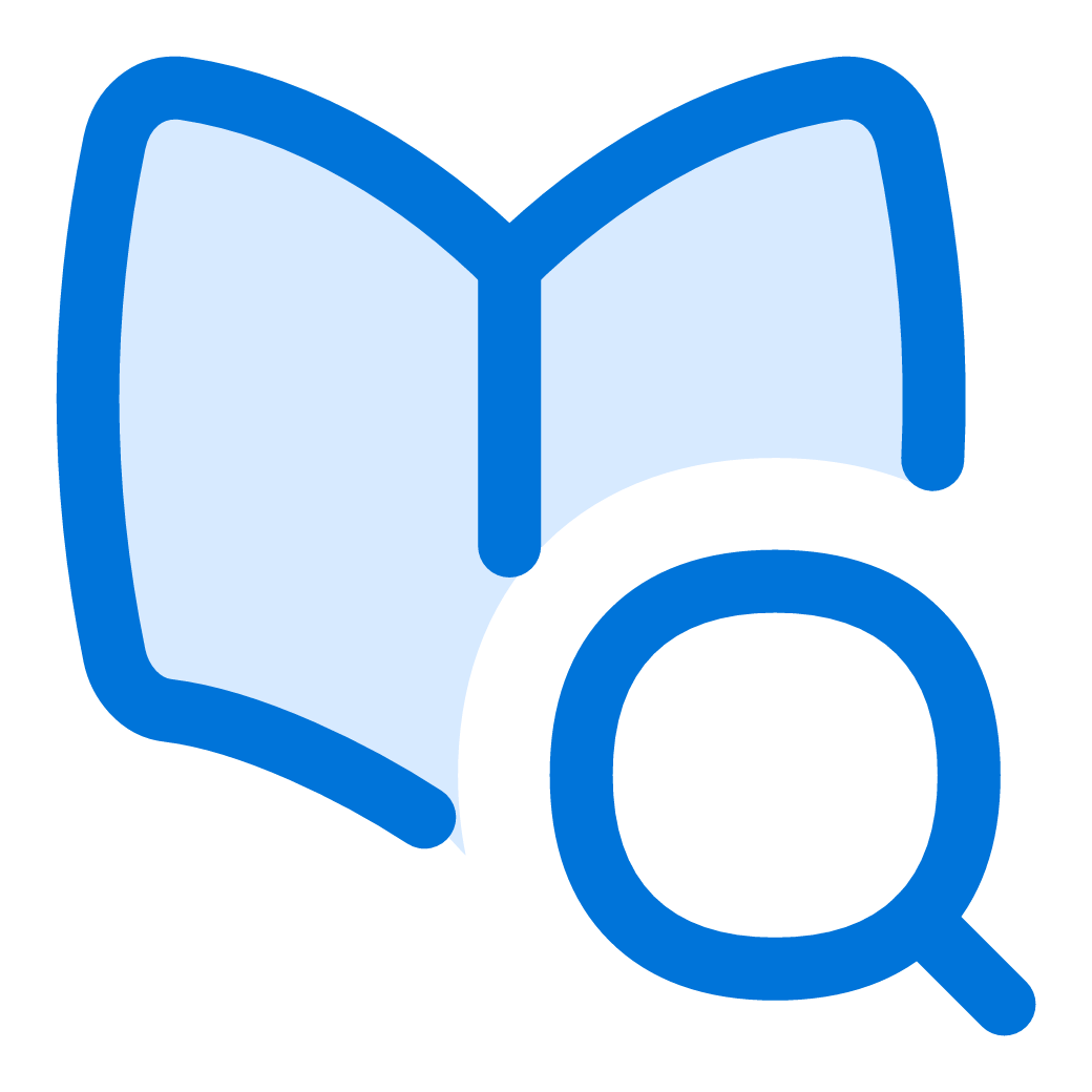 Icon of an open book with a magnifying glass in front of it.