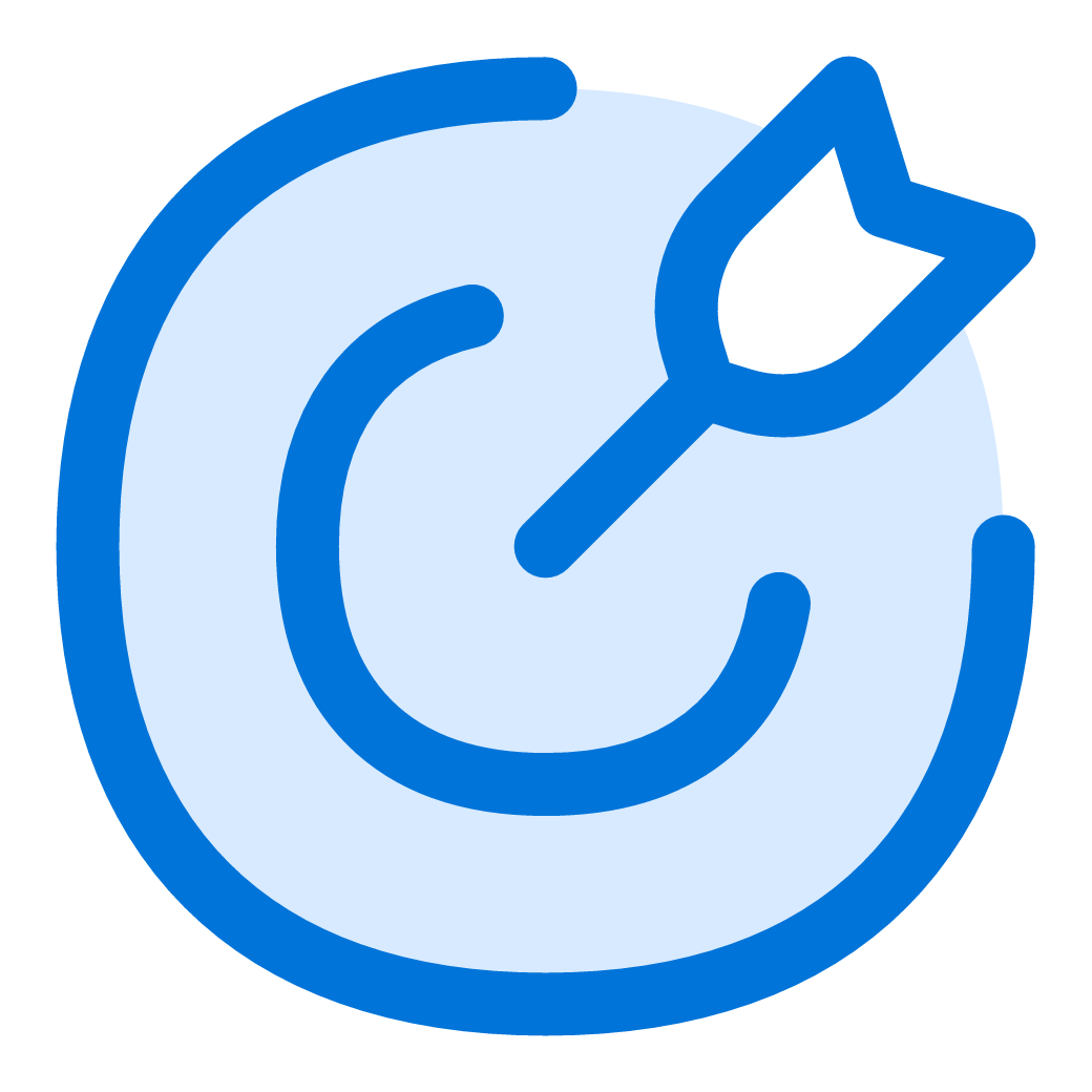 A blue and white abstract icon representing target practice or precision with a dart hitting the bullseye.