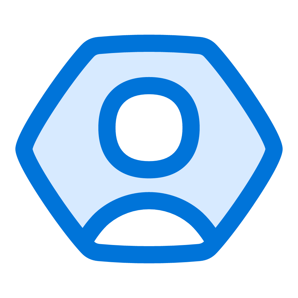 Icon of a person wearing a hard hat, depicted within a blue hexagon