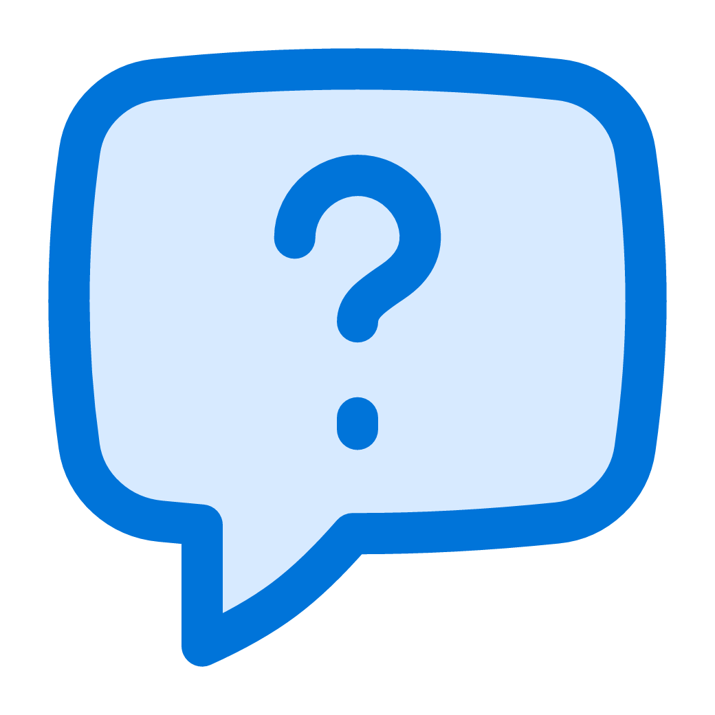 A blue speech bubble with a large question mark in the center.