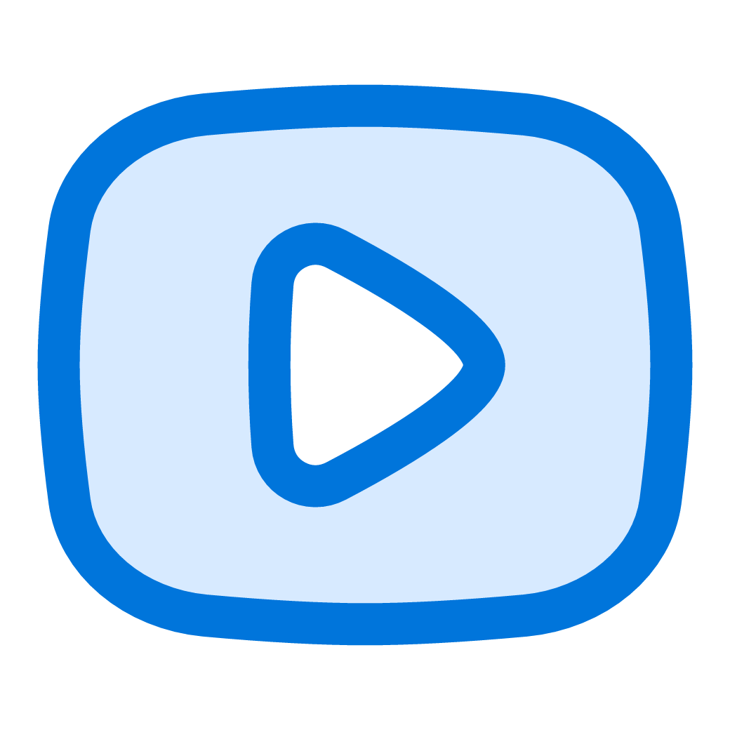Stylized icon resembling a media or video player with a play button in the center, featuring a thick blue outline and rounded edges.