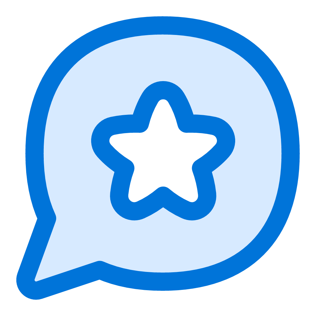 Award badge icon with a white star inside a blue circle, enclosed in a speech bubble shape with a blue outline.