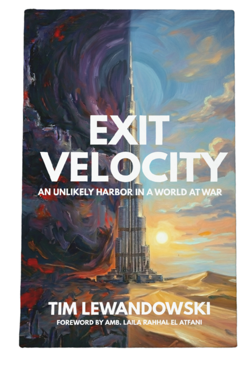 Physical hardcover edition mockup of Exit Velocity, the transcontinental corporate resilience manuscript authored by Tim Lewandowski of System 2 Foundry.