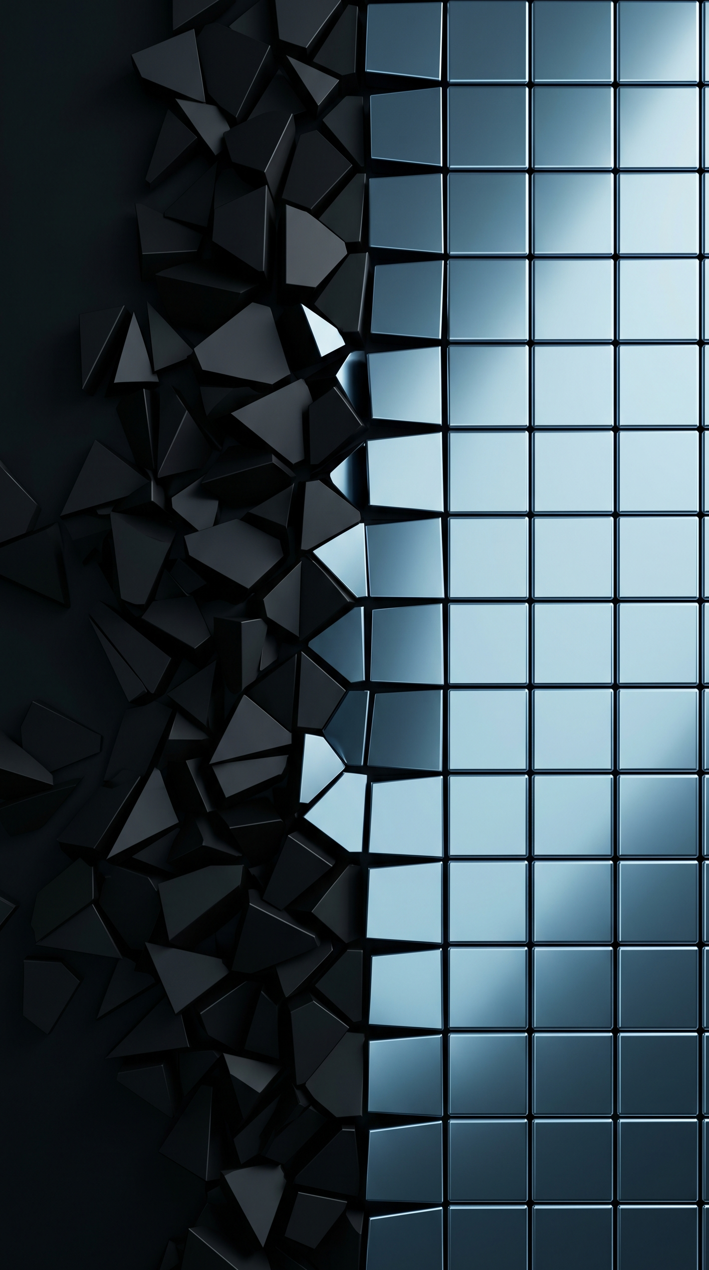 Abstract minimalist 3D rendering of high-entropy matte black shards transitioning into a structured, clinical glacial blue geometric grid, symbolizing System 2 corporate governance.