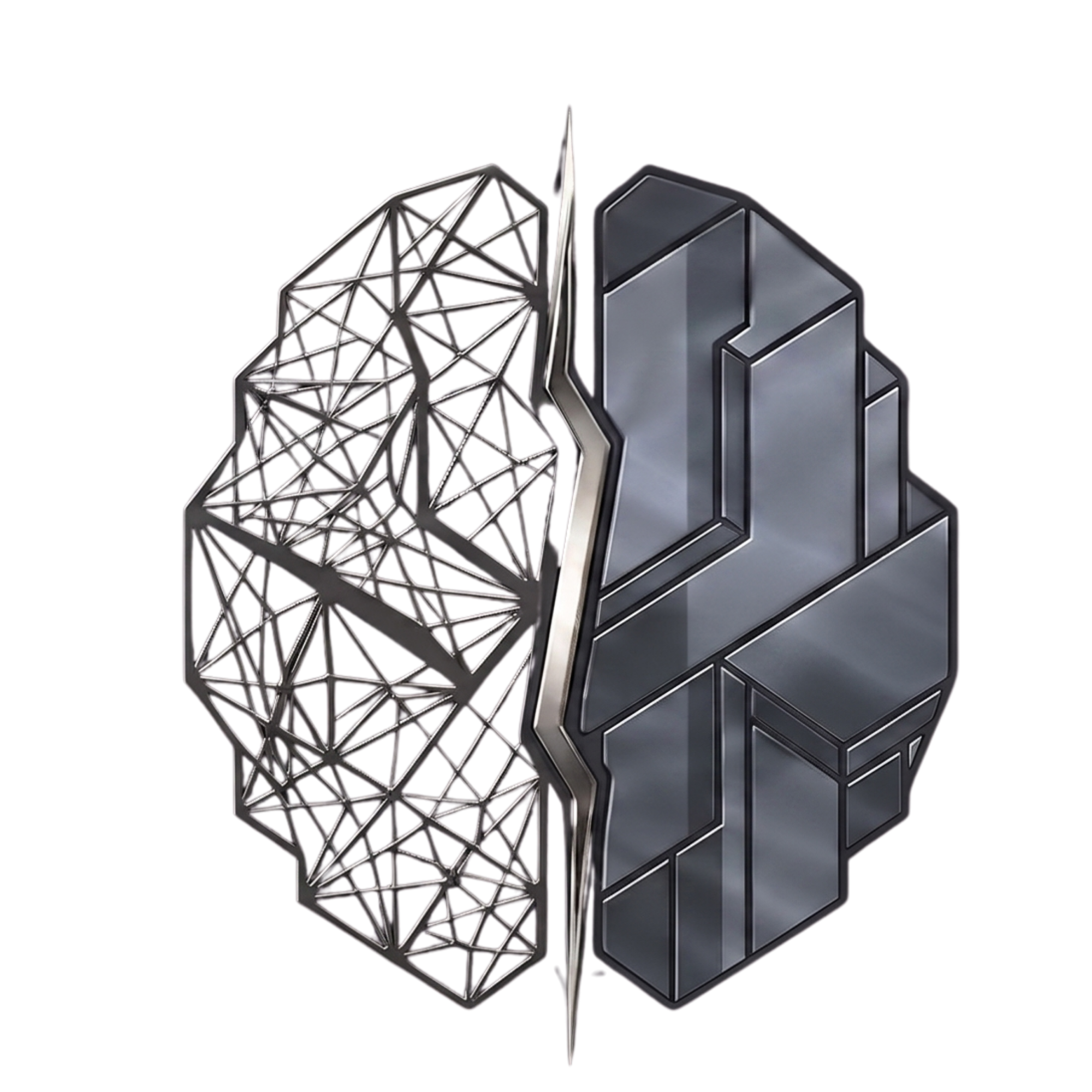 A 3D rendering of a geometric skeletal structure, an abstract metallic cube, and a solid metallic cube, both set against a black background.