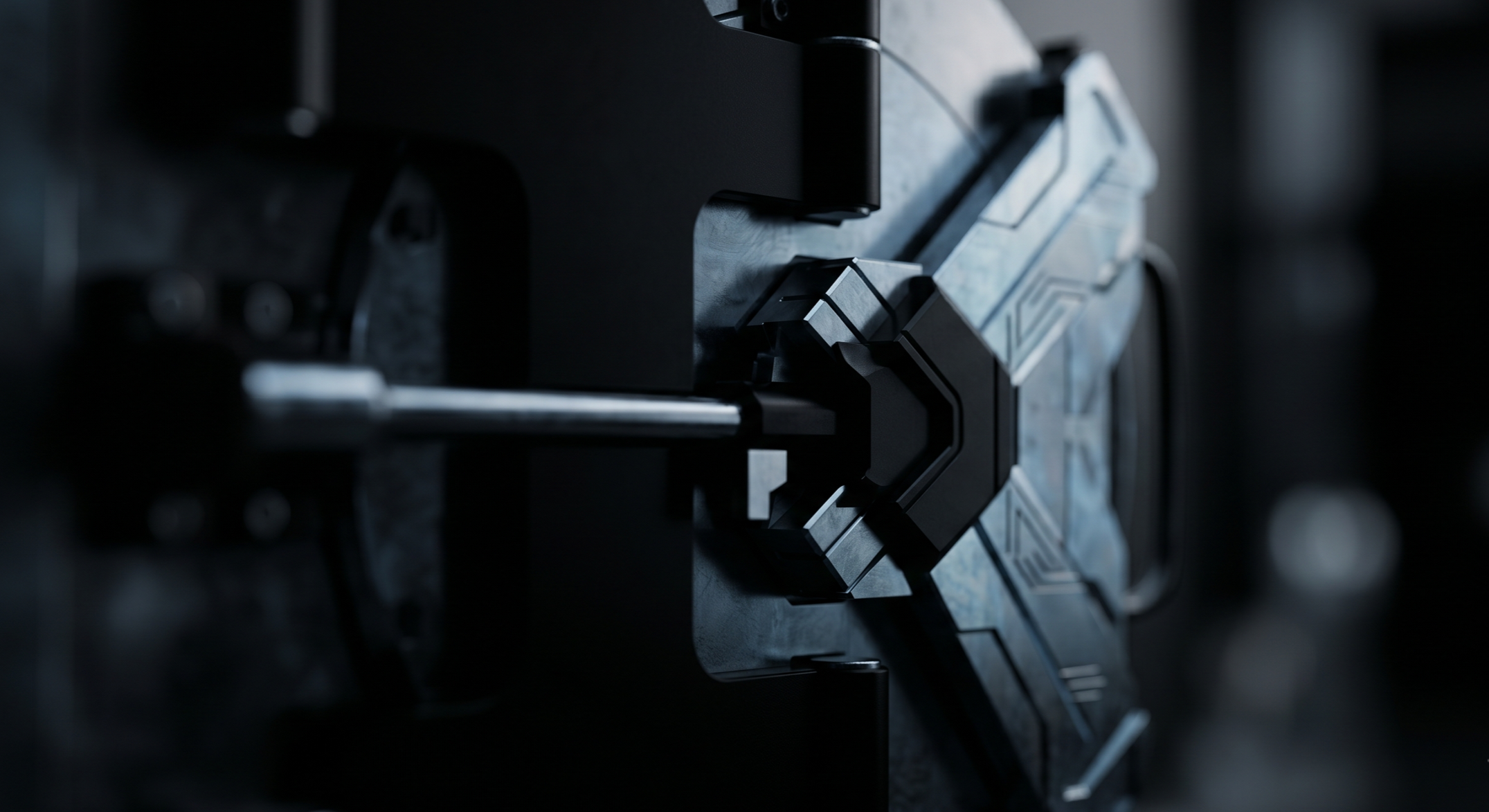 Abstract macro photography of a secure matte black and glacial steel metallic vault door, representing the stealth phase incubation of Project Croc by System 2 Foundry.