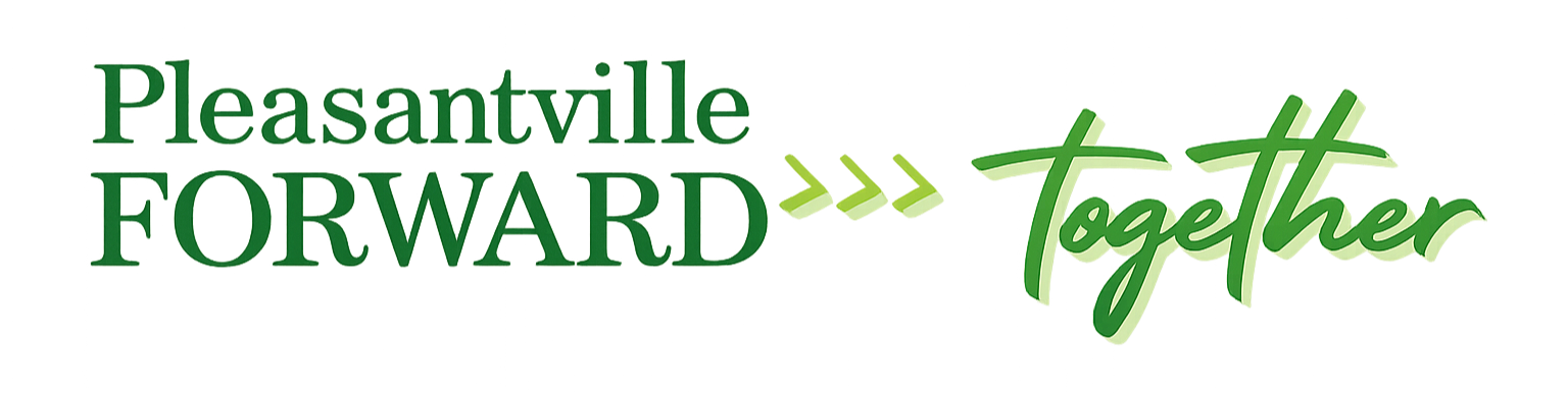 Graphic with the text 'Pleasantville FORWARD together' in green and purple colors.