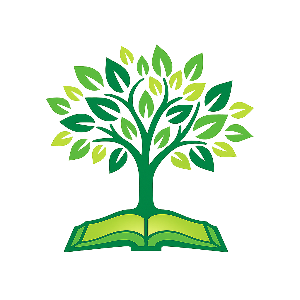 A green tree growing out of an open book, symbolizing knowledge and growth.