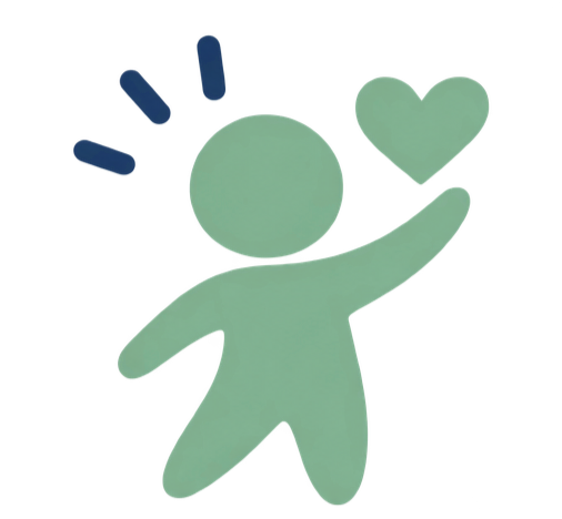 A simplified human figure with raised arm holding a heart, with lines above the head indicating excitement or happiness.