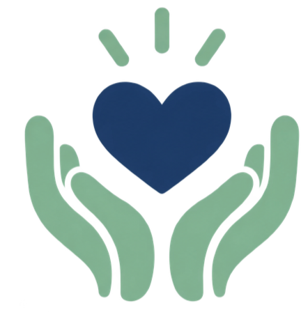Two green hands holding a dark blue heart with radiant lines above it.