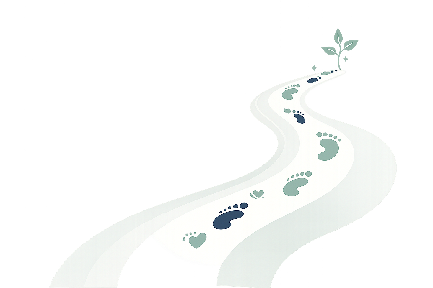 A white path with heart and footprint designs leading through a dark area towards a small tree or plant.