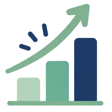 Bar graph with three bars and an upward trending arrow indicating growth or increase.