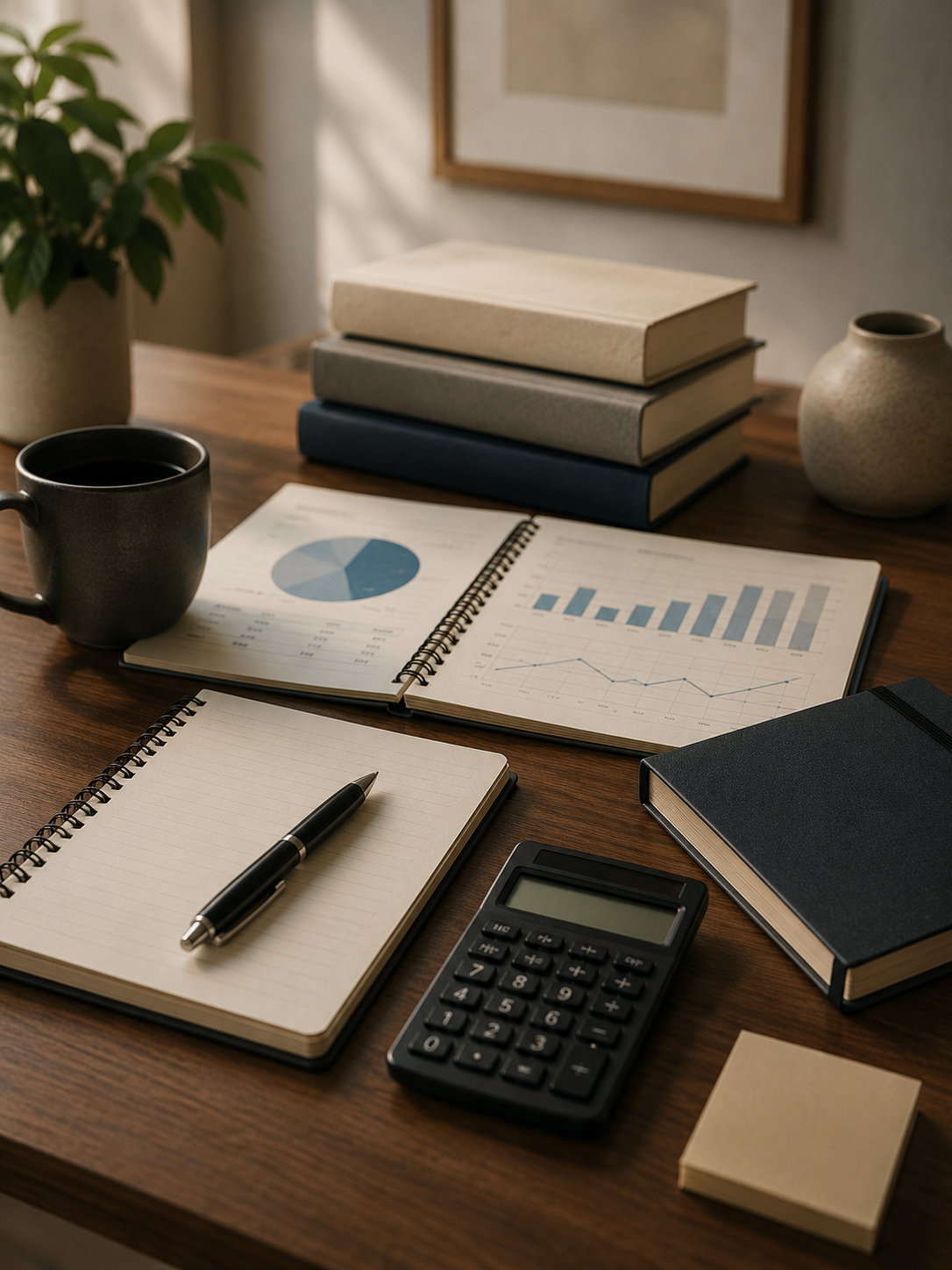 Financial reports, calculator and charts on a desk — MDP Advisory bookkeeping and business advisory services