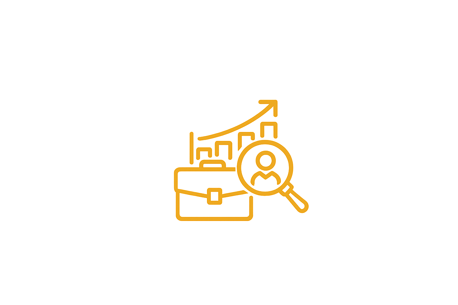 Icon depicting business growth and analytics, including a briefcase, upward-trending arrow, and magnifying glass with a person inside, all in orange outline style.