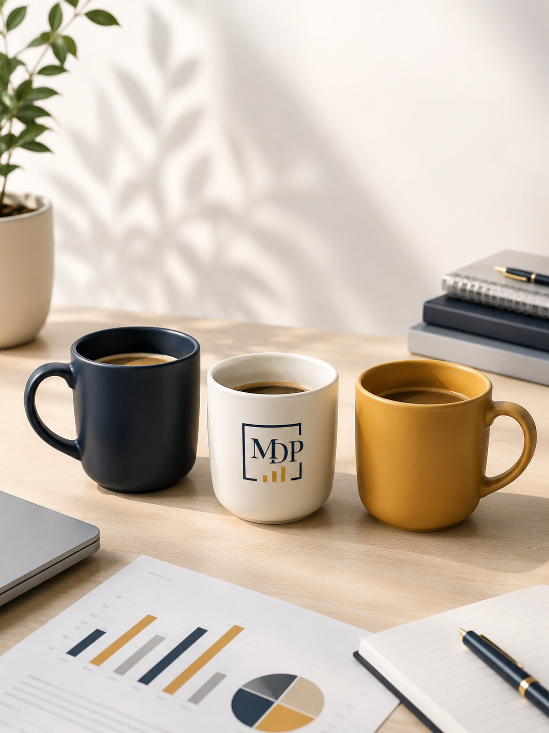 MDP Advisory branded mugs in navy, white and gold — bookkeeping and business advisory firm identity