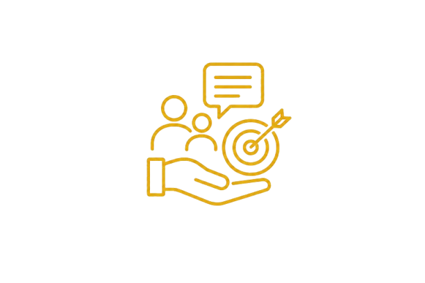 Illustration of a hand holding a target with an arrow, three people, and a speech bubble, representing teamwork and goal achievement.