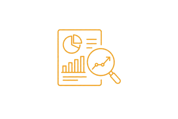 An orange icon of a document with charts and graphs, a magnifying glass with an upward trending arrow, representing data analysis or financial growth.