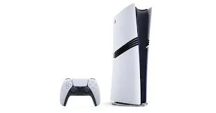 A PlayStation 5 console standing vertically next to a matching white DualSense controller.