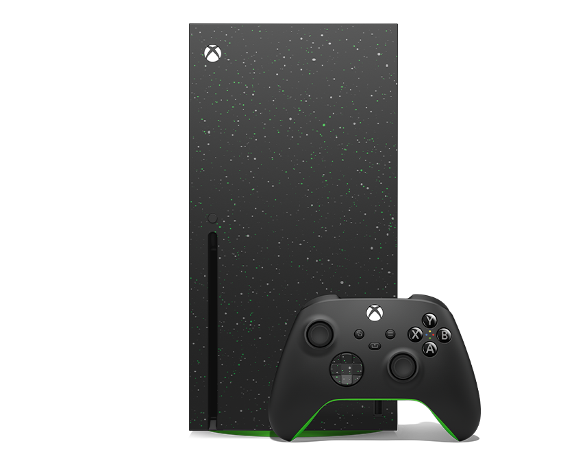 An Xbox Series X gaming console with a starry night sky pattern on it, accompanied by an Xbox controller with similar star pattern accents.