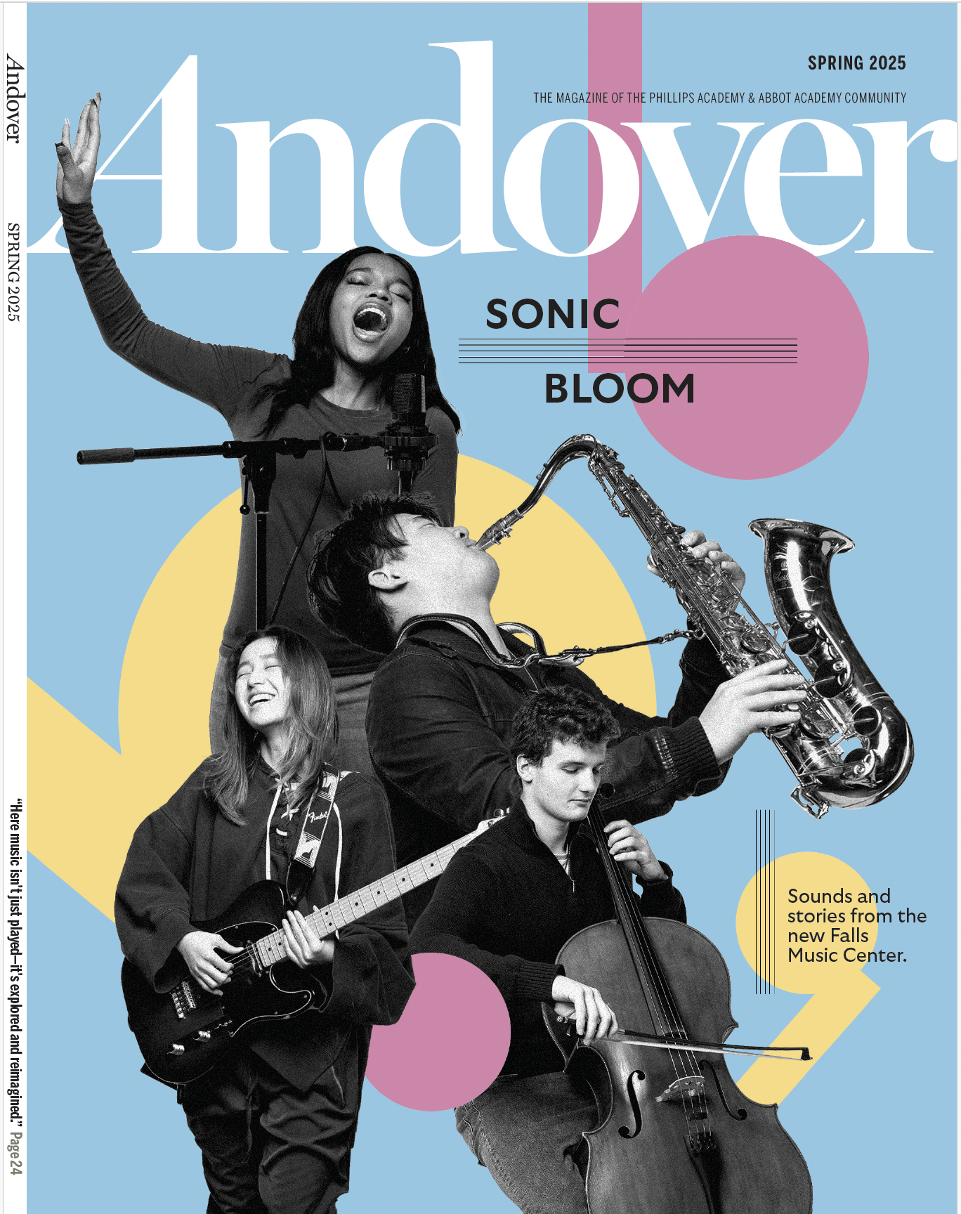Magazine cover titled 'Andover' with black-and-white photos of five young musicians playing instruments including a guitar, saxophone, and double bass. The background features pastel blue, pink, and yellow geometric shapes. Text on the cover says 'Spring 2025', 'Sonic Bloom', and 'Sounds and stories from the new Falls Music Center.'