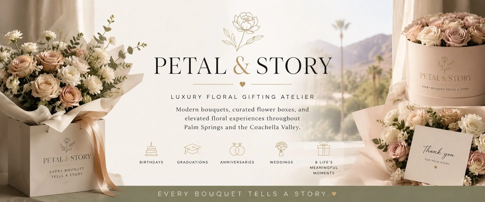 Flower bouquets and gift boxes for a floral gifting atelier called Petal & Story, with a scenic view of mountains and palm trees in the background.