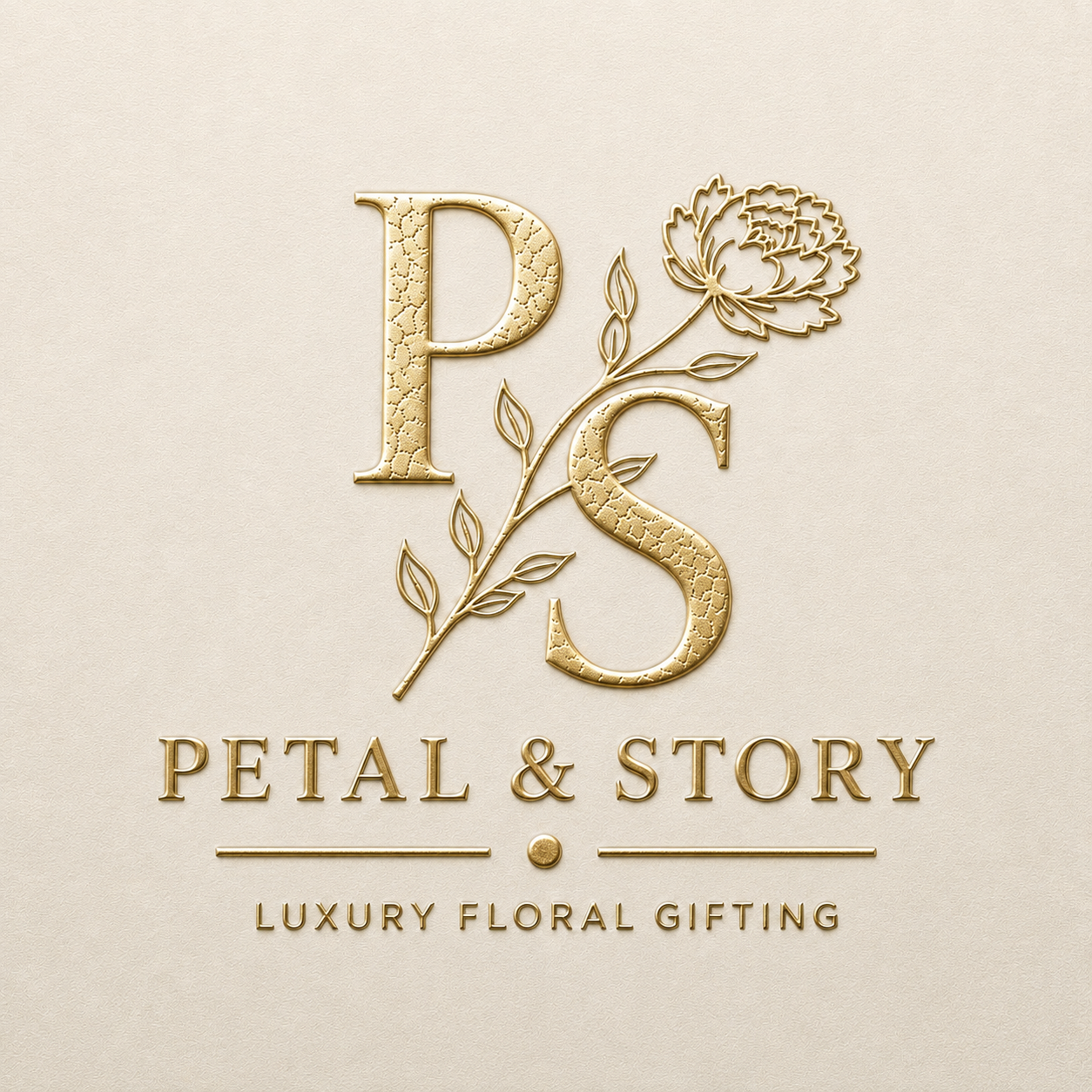 Gold embossed logo with a large letter P and S intertwined with a flower and leaves, below the words Petal & Story in gold, and the tagline Luxury Floral Gifting.