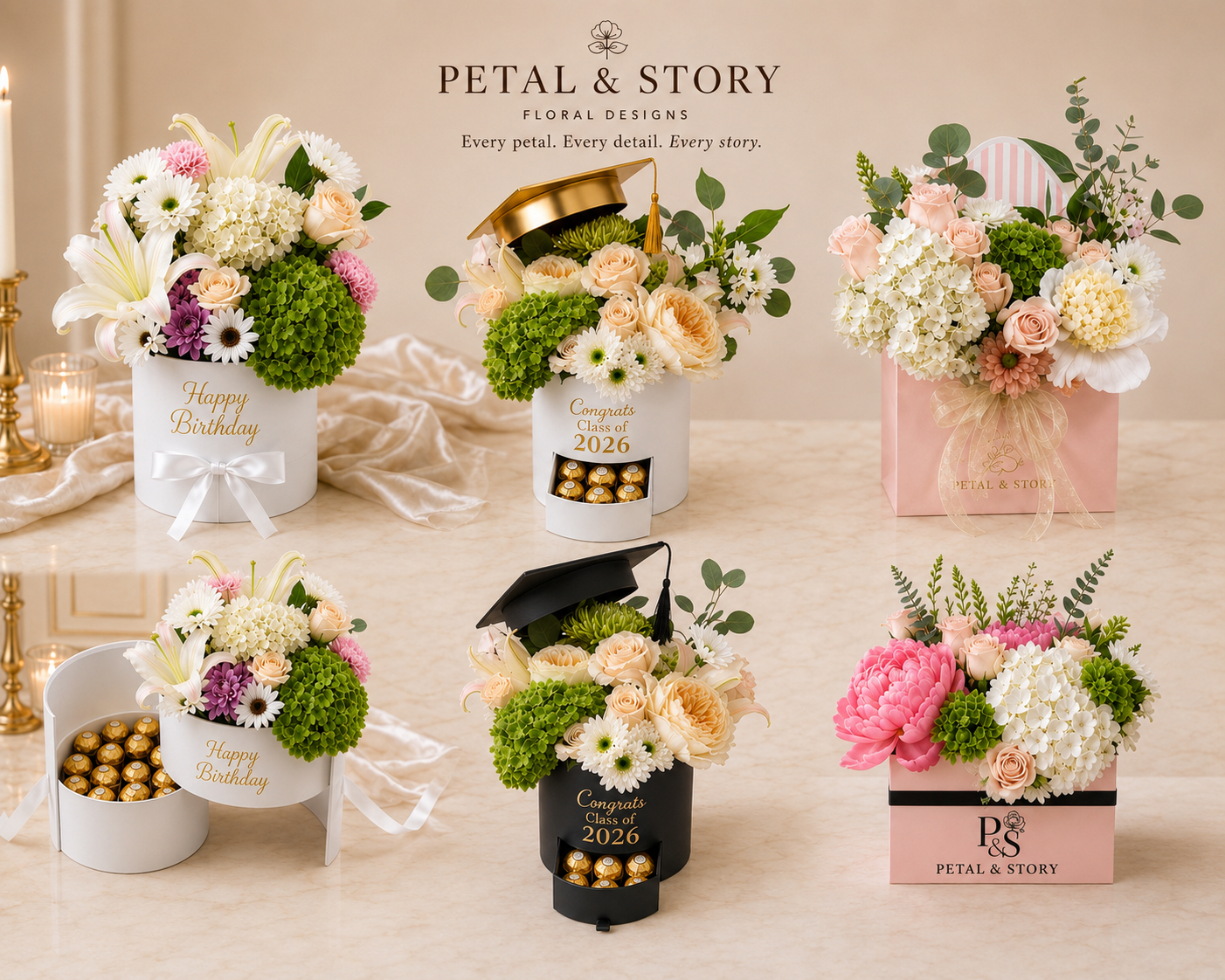 Arrangement of floral bouquets in decorative boxes and containers, including white, pink, and green flowers, along with chocolates, on a table with candles and a soft cloth backdrop.