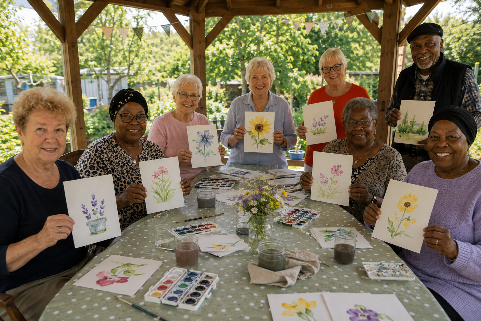 A diverse group of older adults smiling and holding up their watercolour flower paintings at an outdoor gazebo art class.