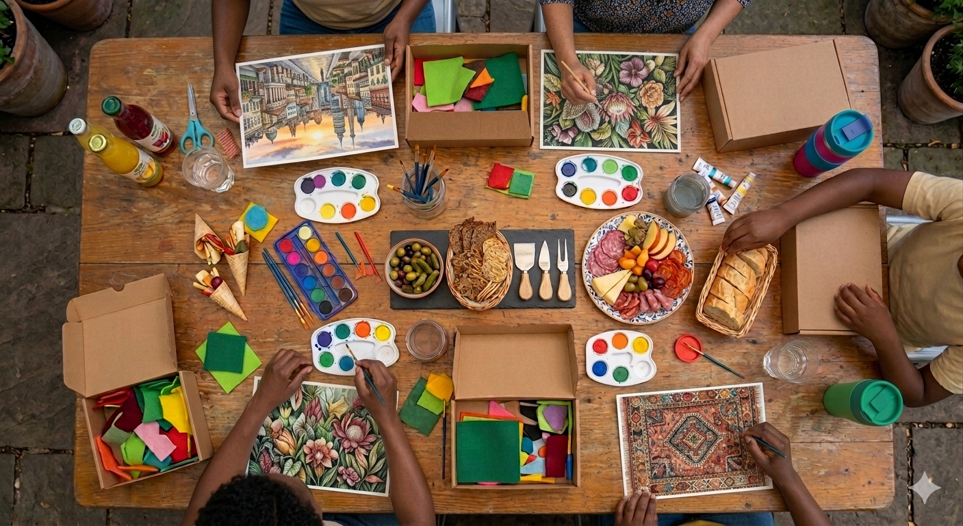 Overhead flatlay of a creative art workshop table with watercolour palettes, craft boxes, painted canvases and a charcuterie grazing spread.