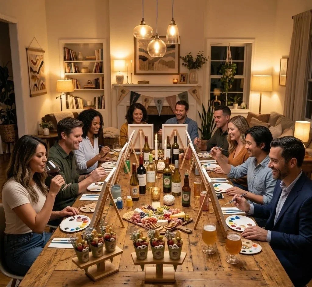 Guests enjoying a CharcuArt sip and paint event with charcuterie boards and champagne at a styled party venue in London