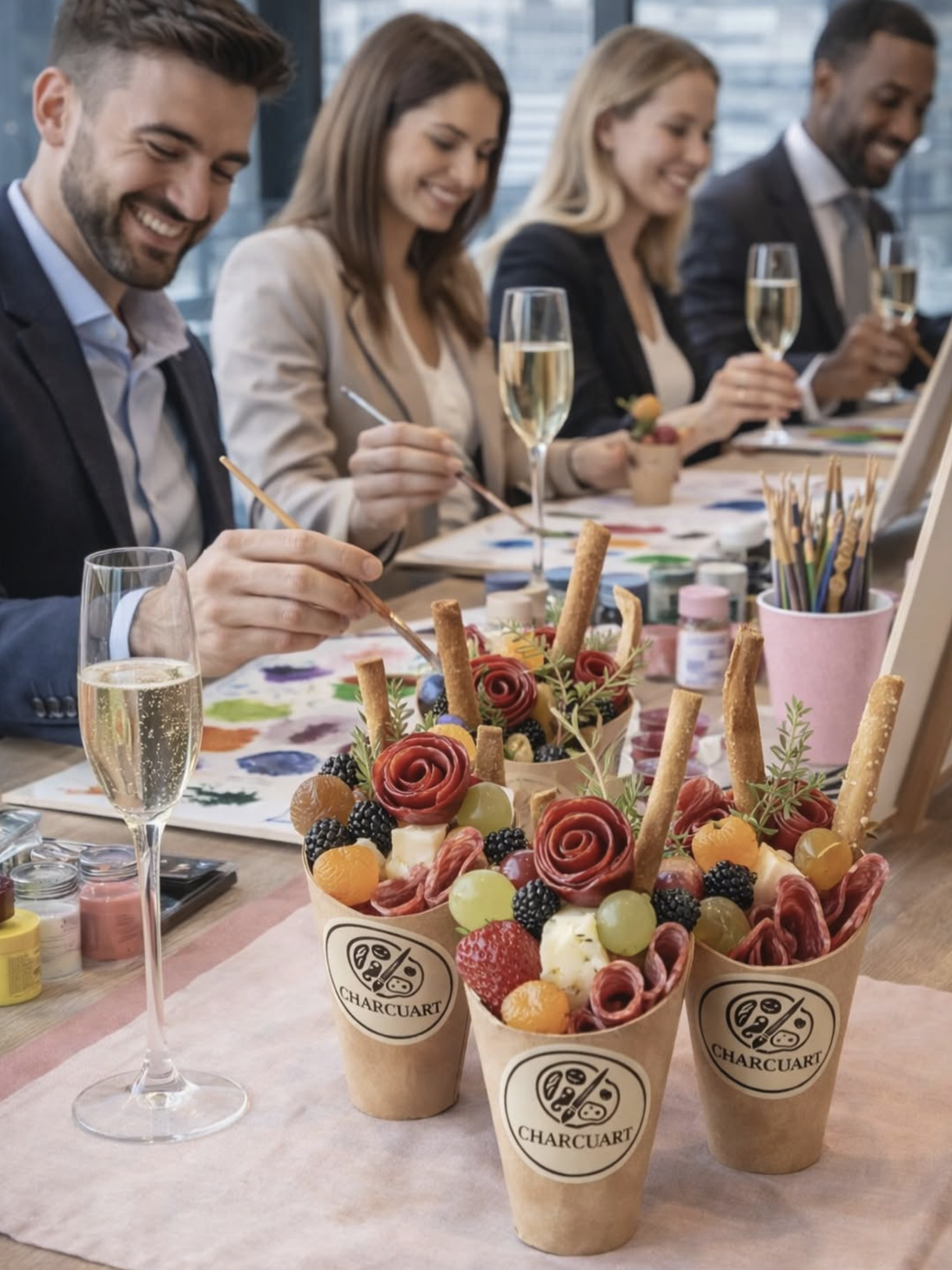 Professionals enjoying a CharcuArt corporate paint and sip event with champagne, grazing cones filled with fruit, salami roses and breadsticks.