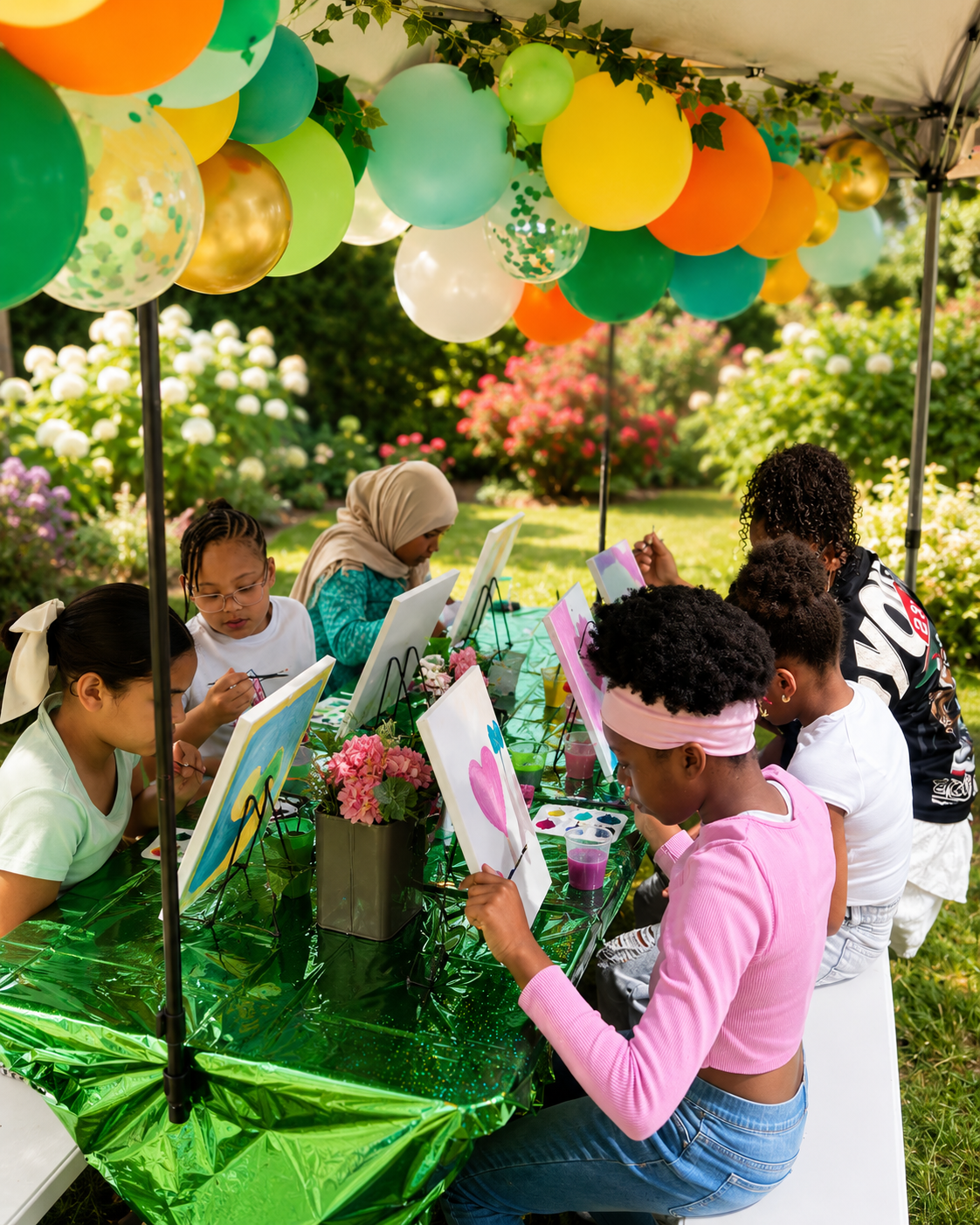 Children painting on canvases at an outdoor art activity under a colourful balloon arch in a sunny garden setting.
