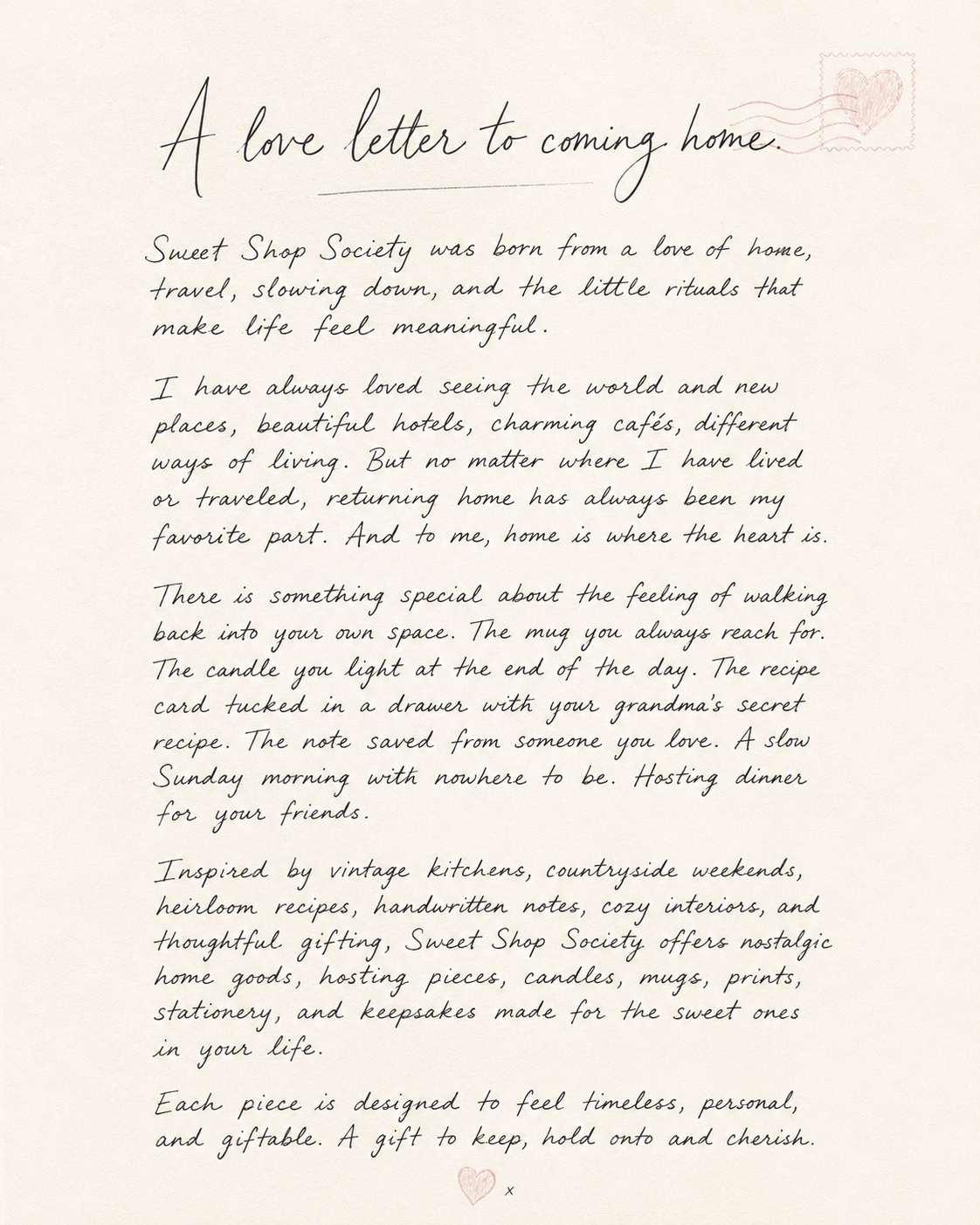 A handwritten letter with a heart stamp in the top right corner, a small pink heart at the bottom, and text about home and gifting.