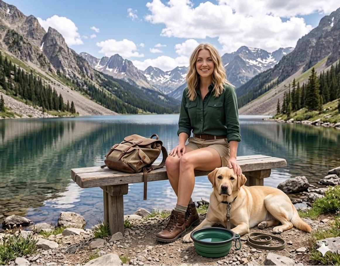A woman sitting on a wooden bench by a lake with mountains in the background. She is smiling, wearing a green shirt, khaki shorts, and hiking boots. There is a yellow Labrador retriever lying beside her with a leash and a green collapsible water bowl nearby. A backpack is on the bench.