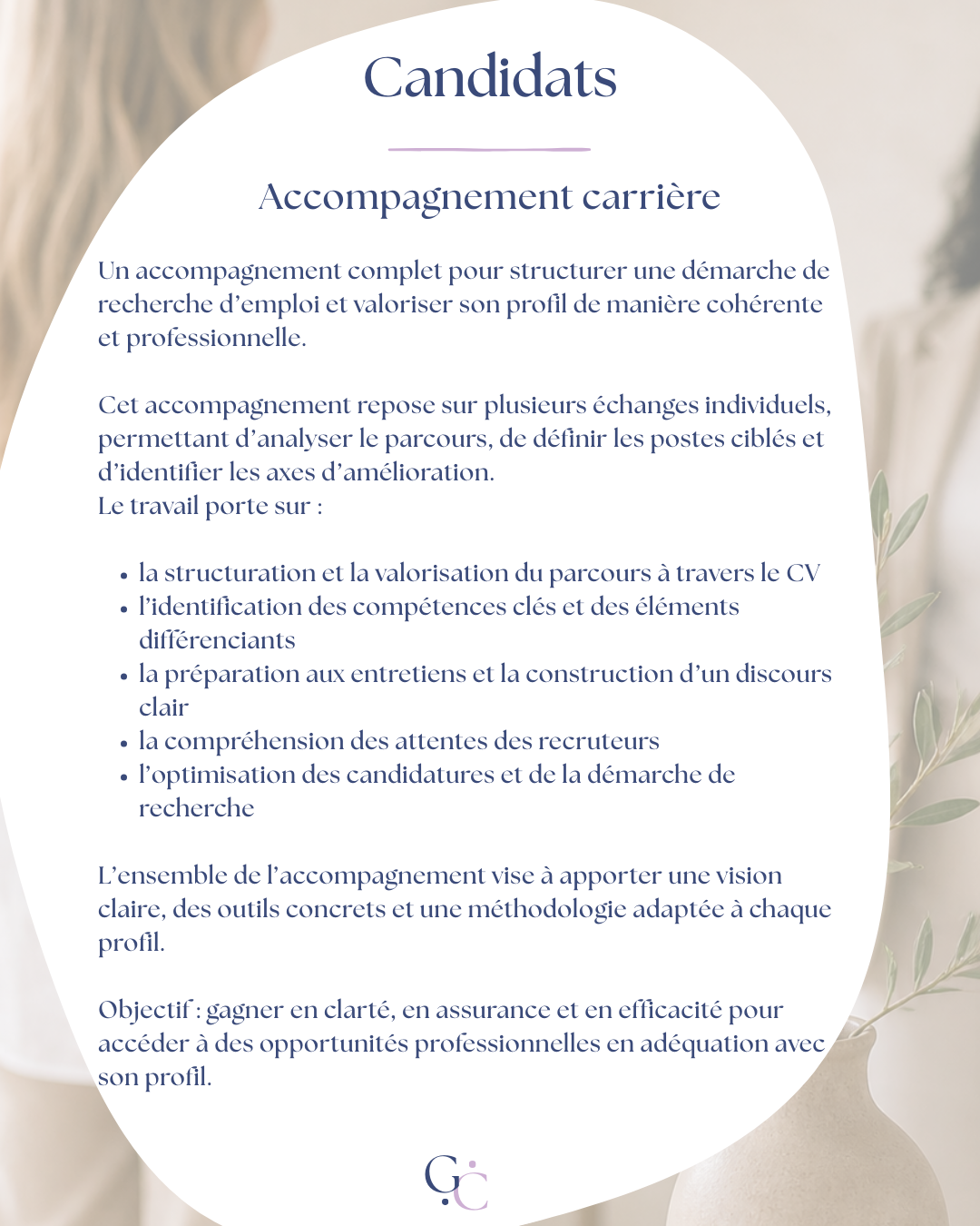 Affiche présentant un programme d'accompagnement carrière pour les candidats, avec des détails sur les objectifs et les méthodes d'amélioration du profil professionnel.