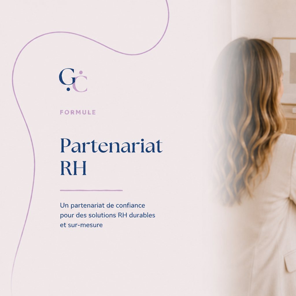 Affiche promotionnelle pour un partenariat RH, avec logo, titre et texte explicatif, partiellement obscurcie par une femme avec des cheveux longs et bouclés vue de dos.