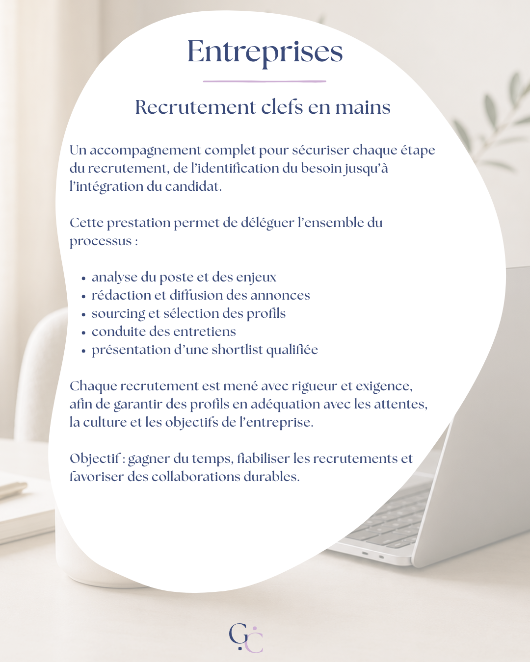 Infographie sur le recrutement clés en main pour les entreprises, présentant un accompagnement pour sécuriser chaque étape, de l'identification des besoins à l'intégration, avec une liste de services proposés.
