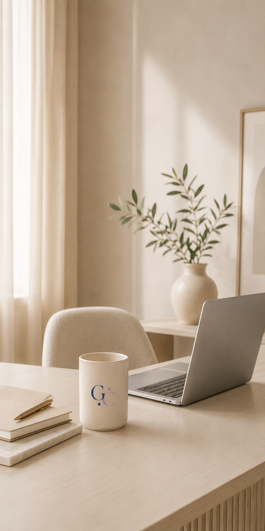 Un bureau avec une tasse, un carnet, un stylo, un ordinateur portable sur une table en bois, avec une plante verte dans un vase blanc en arrière-plan et une fenêtre avec des rideaux clairs.