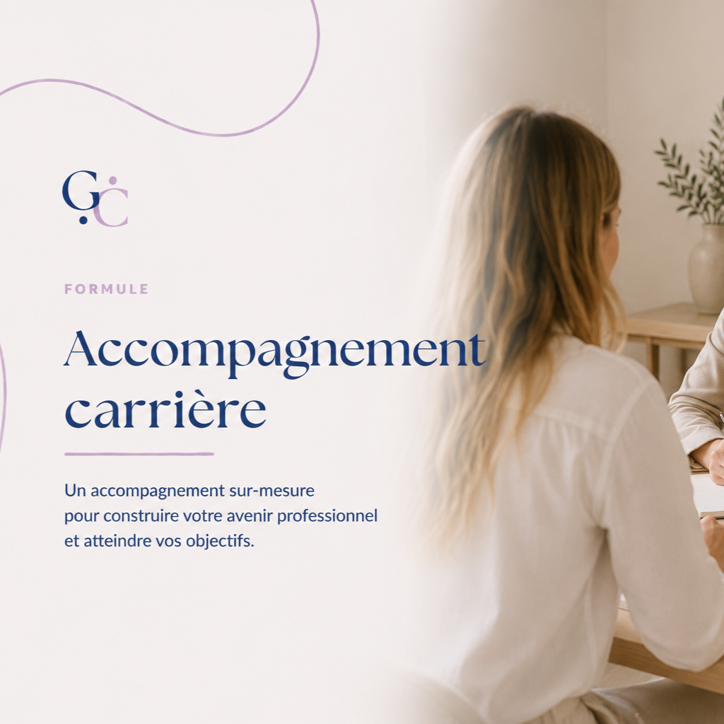 Affiche promotionnelle pour un accompagnement carrière, montrant deux personnes en discussion dans un bureau, avec un fond épuré et une plante verte.