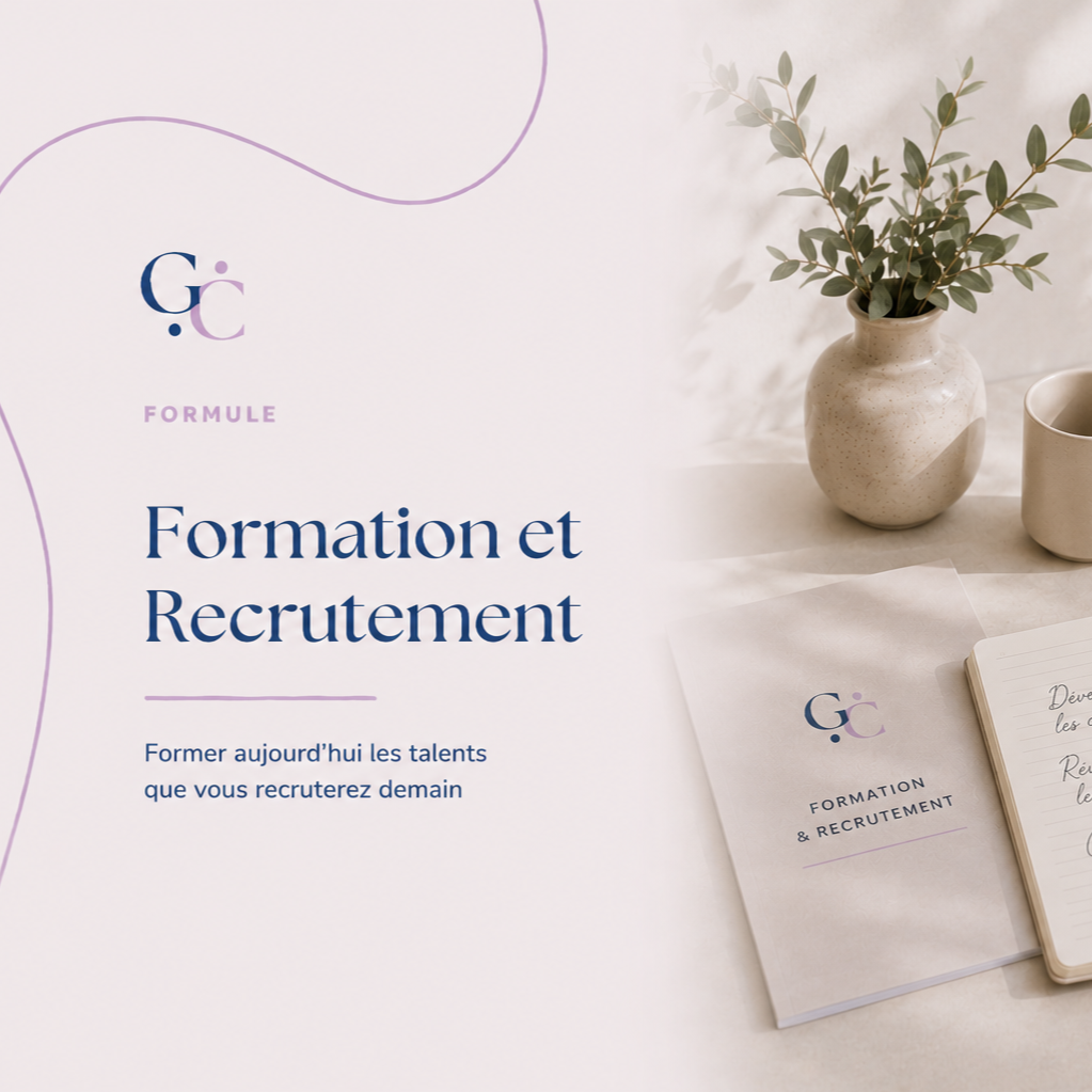 Une brochure intitulée "Formation et Recrutement" avec un logo GC, une vasière avec des feuilles vertes, et un carnet à pages blanches sur une surface claire.