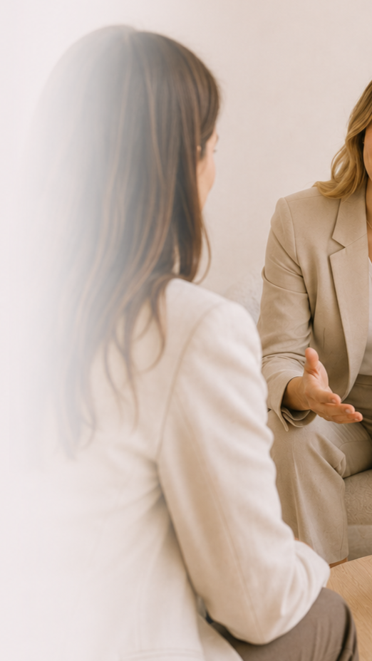 Deux femmes discutent dans un cadre professionnel, l'une avec une veste beige et l'autre avec une veste blanche, conversation de travail.