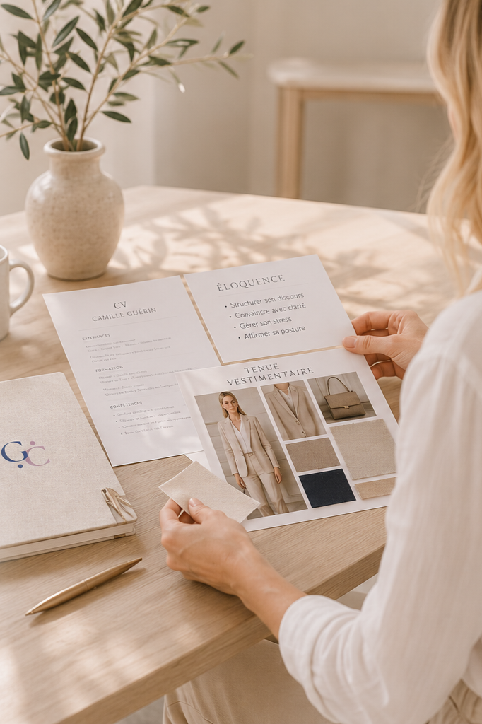 Une femme regarde une brochure avec des options de garde-robe, de maquillage et de style vestimentaire, sur une table en bois avec un carnet et un stylo, dans une pièce lumineuse avec une plante.