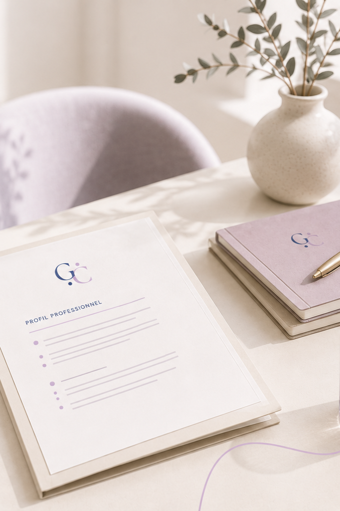 Un agenda avec un logo 'G.C' et une fiche de profil professionnel, un cahier violet, un stylo, et un vase avec des branches d'arbustes sur une table blanche dans une pièce lumineuse.