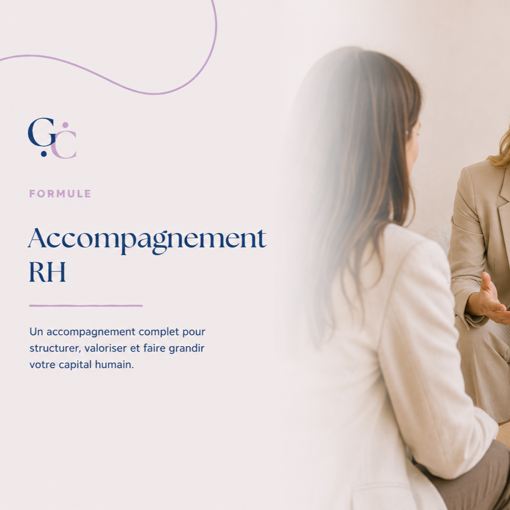 Une affiche promotionnelle pour un service d'accompagnement en ressources humaines avec deux femmes en conversation.