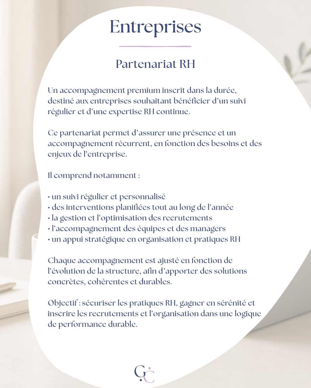 Informations sur un partenariat RH destiné aux entreprises, parlant du suivi régulier, des interventions planifiées, de la gestion des recrutements, et de l'accompagnement stratégique en organisation RH.