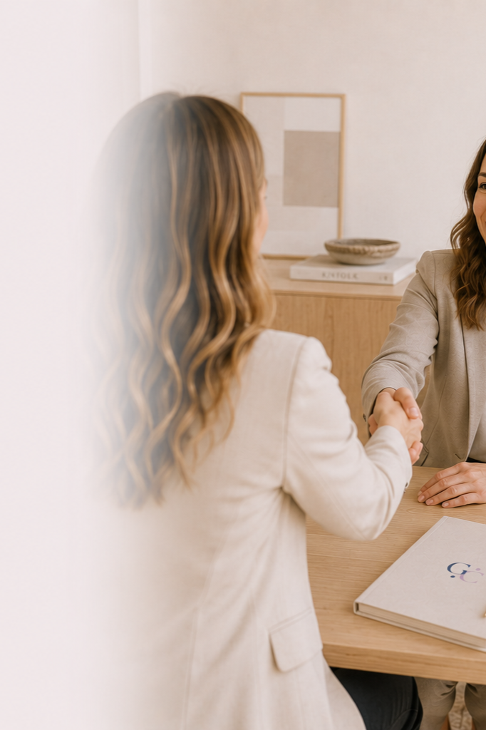 Deux femmes discutent et se serrent la main dans un bureau calme avec une ambiance professionnelle.