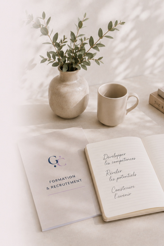 Une table avec un vase de fleurs vertes, une tasse, un cahier ouvert avec une écriture manuscrite en français, un document de formation, et quelques livres.