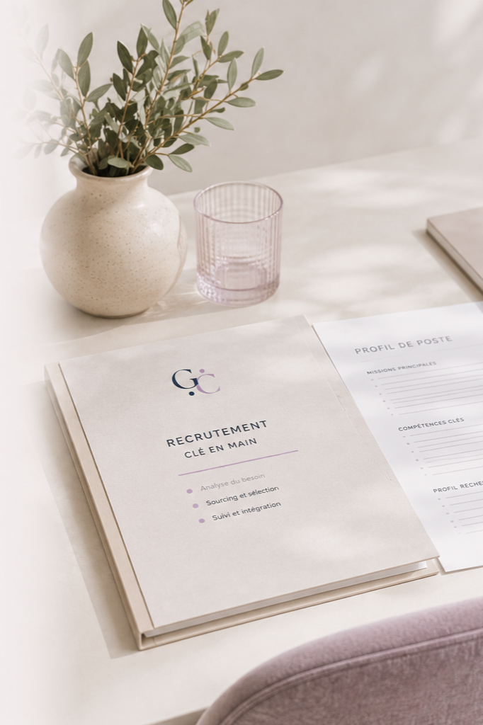 Un document intitulé 'Recrutement clé en main' sur une table, avec une plante en pot, un verre rose et d'autres papiers à côté.
