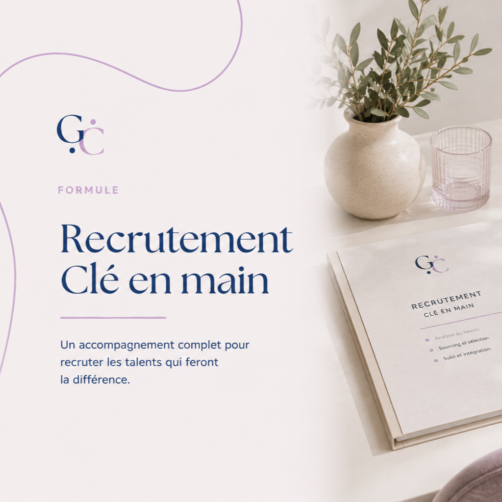 Page de brochure avec le titre 'Recrutement Clé en main' et un sous-titre en français, accompagnée d'une plante verte dans un pot beige, un verre violet, et un carnet avec le même logo de la brochure.