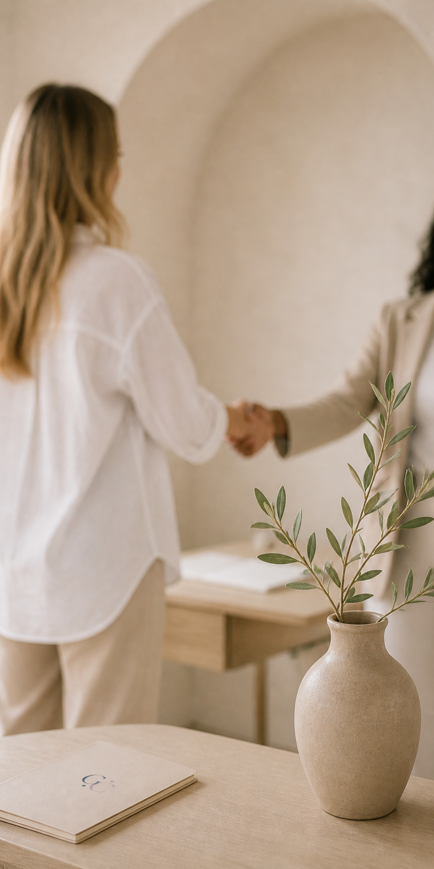 Deux personnes se serrent la main dans une pièce neutre avec un vase beige contenant des branches vertes sur une table en bois, et un carnet posé à côté.